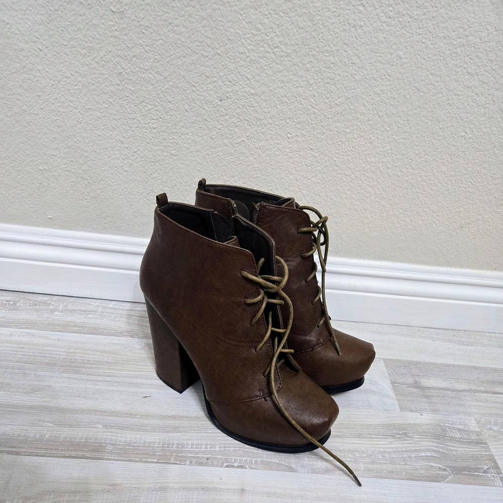 Charlotte Russe Brown Lace-Up Boots with Chunky Heel